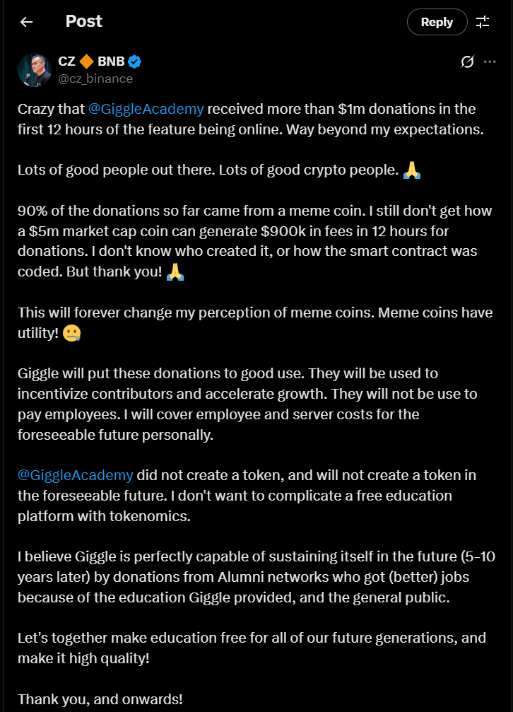CZ Donation Tweet